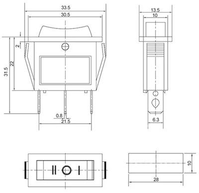 Рис.1. Схема габаритных размеров клавишного переключателя KCD3-103